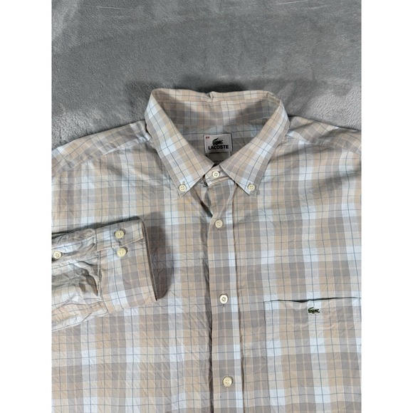 Lacoste Shirt Mens 44 Tan Blue Plaid Long Sleeve Button Down - Picture 1 of 11